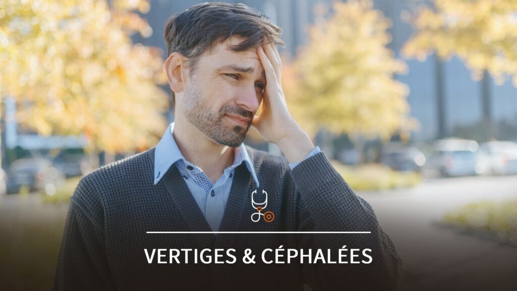 Homme debout en extérieure, en chemise bleu, posant sa main sur le front car il ressent des maux de tête et n'a pas l'air bien.