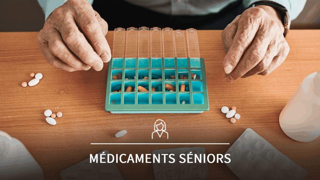 Organisation des médicaments pour une personne âgée à domicile avec pilulier, illustrant la gestion thérapeutique adaptée aux seniors.