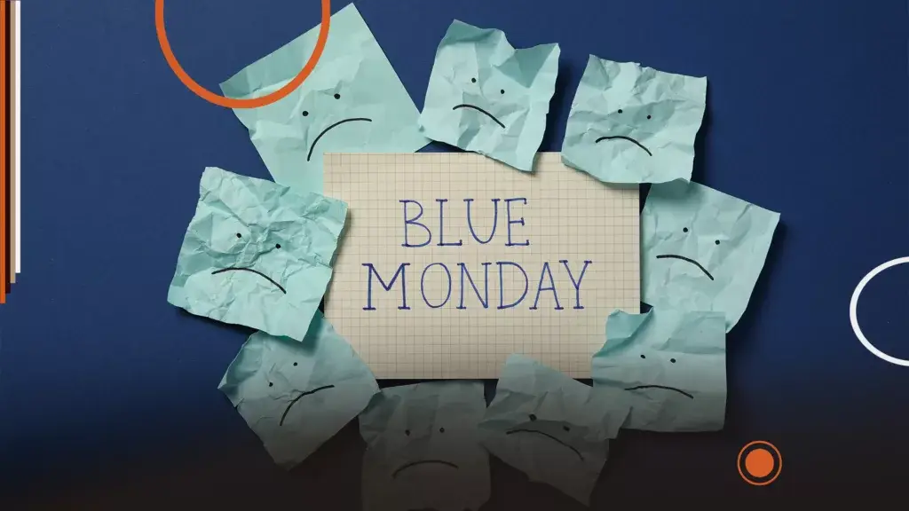 Illustration du Blue Monday 2025 avec des visages tristes sur des papiers froissés, symbolisant la dépression saisonnière et la santé mentale