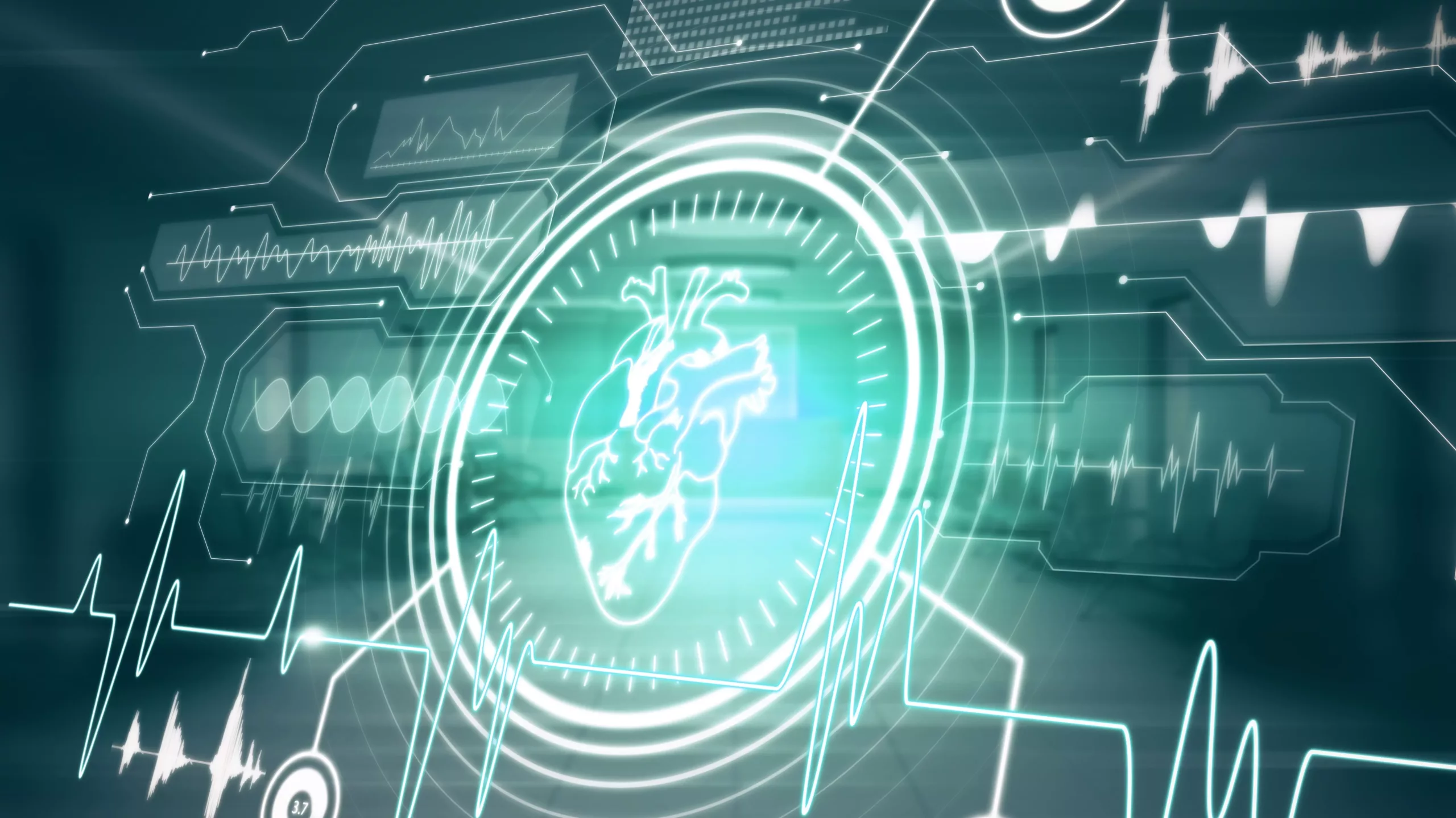 Interface médicale futuriste affichant une représentation numérique du cœur entourée de graphiques et données d’analyse, illustrant l’usage de l’intelligence artificielle dans le diagnostic médical.