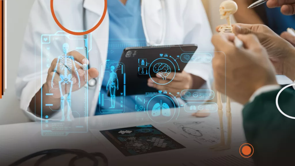 Médecins utilisant une tablette et des outils numériques avec des interfaces holographiques illustrant l'utilisation de l’intelligence artificielle appliquée au diagnostic médical.