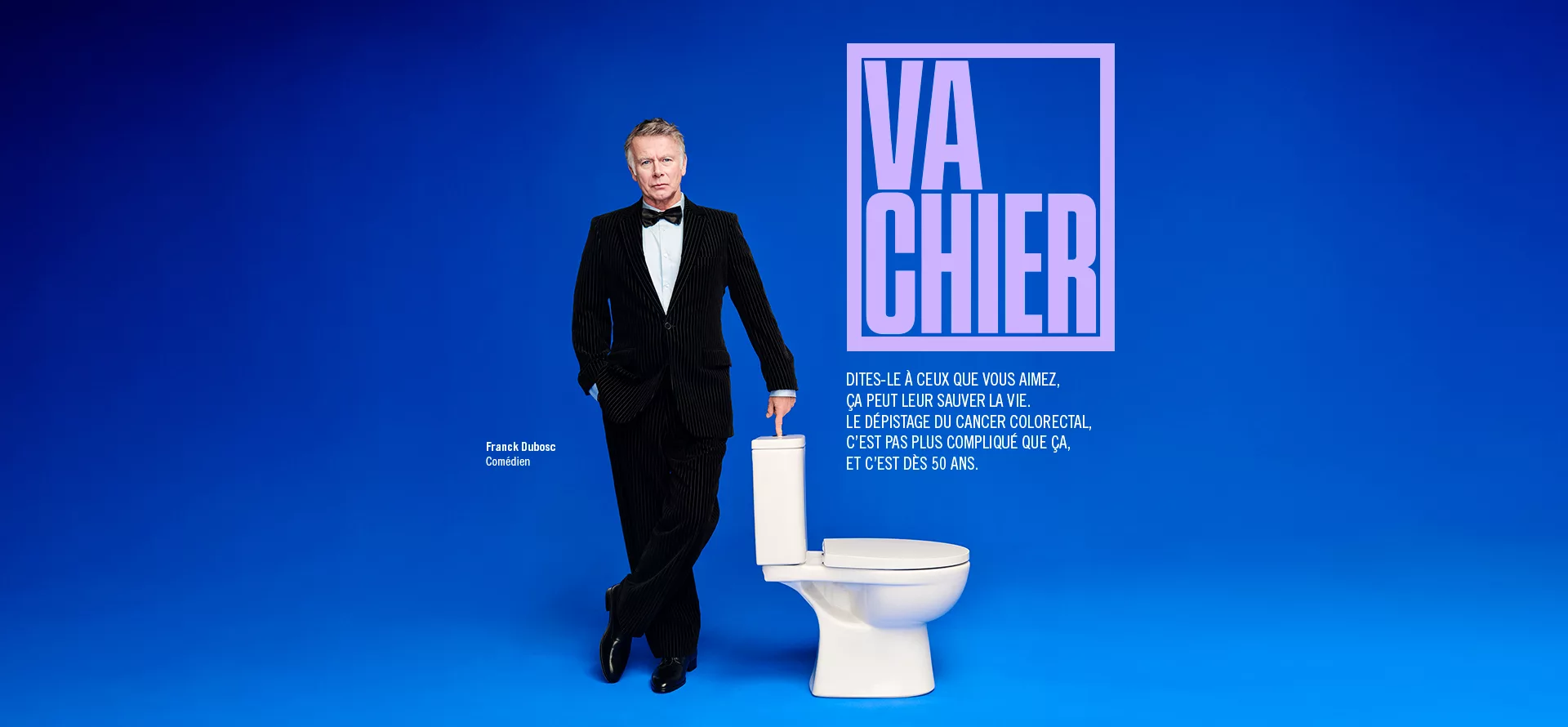 Affiche de campagne Mars Bleu avec Franck Dubosc sensibilisant au dépistage du cancer colorectal.